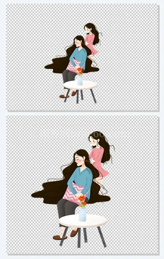 卡通手绘为妈妈梳头的女孩