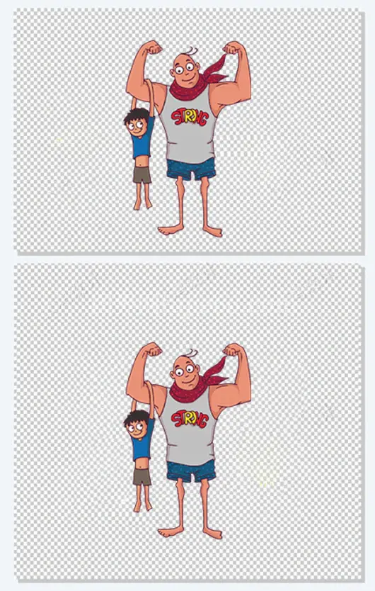 卡通肌肉父亲和瘦小孩子