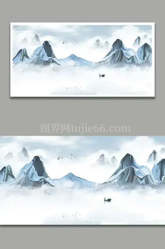 中国风蓝色意境山水画
