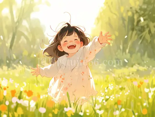 温馨阳光夏日女孩AI插画欢笑小清新草地