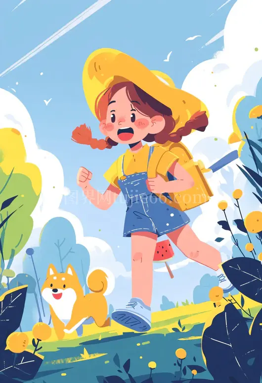 儿童插画风格AI插画女孩柴犬夏日欢乐卡通可爱