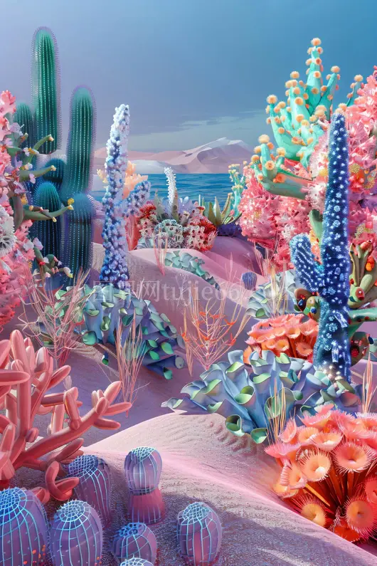 梦幻世界沙漠沙丘仙人掌珊瑚炫彩三维效果