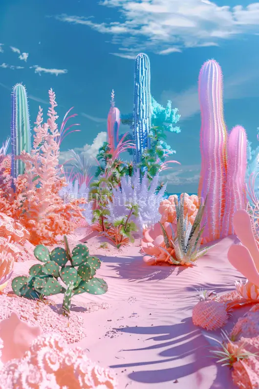 梦幻世界沙漠沙丘仙人掌三维风格场景