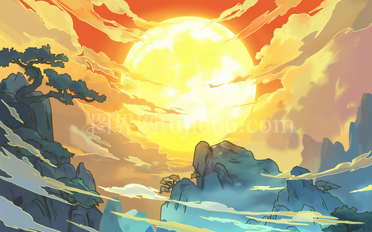 落日场景大场景手绘插画太阳山云雾