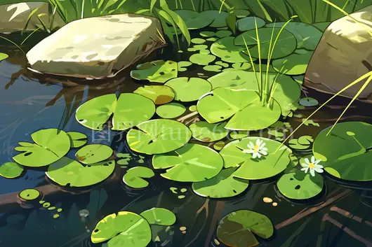 湖水岩石荷叶手绘风格插画