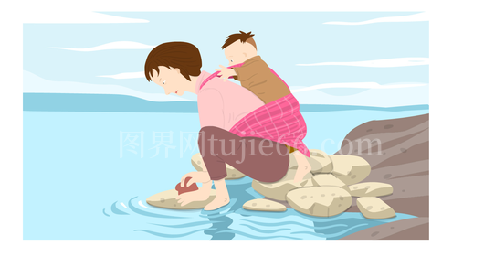 小孩背小孩海边插画免抠元素