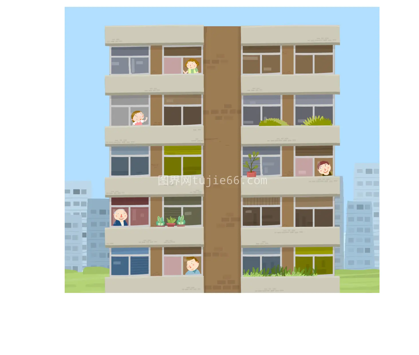 多层住宅楼人物生活插画免抠元素图片