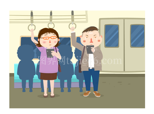 地铁车厢内两人举手机