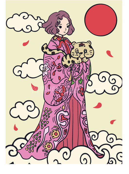 和服女子怀抱白虎宝宝