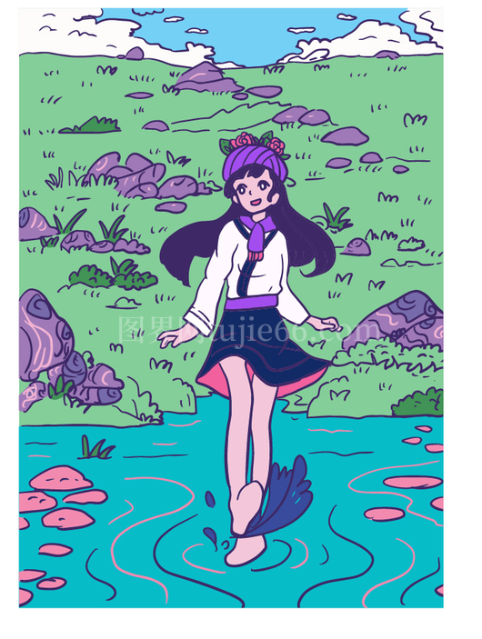 草地女孩宁静赏景