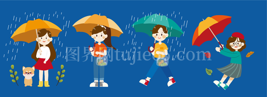 雨中多彩小孩撑伞插画