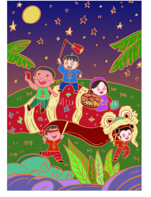 儿童画作夜晚户外玩耍