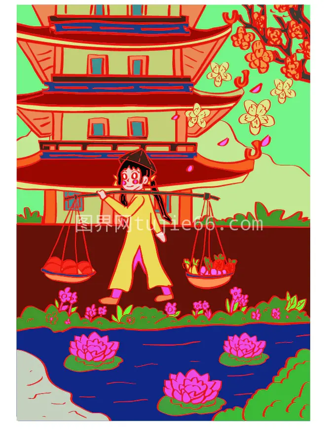 中国风建筑前小女孩玩耍插画图片