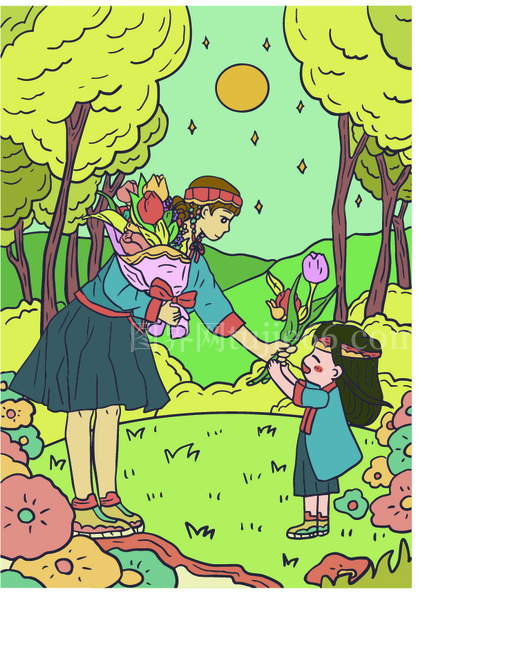 女士递花给小女孩插画