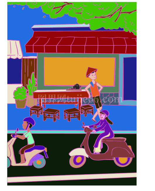 小女孩商店前温馨景 