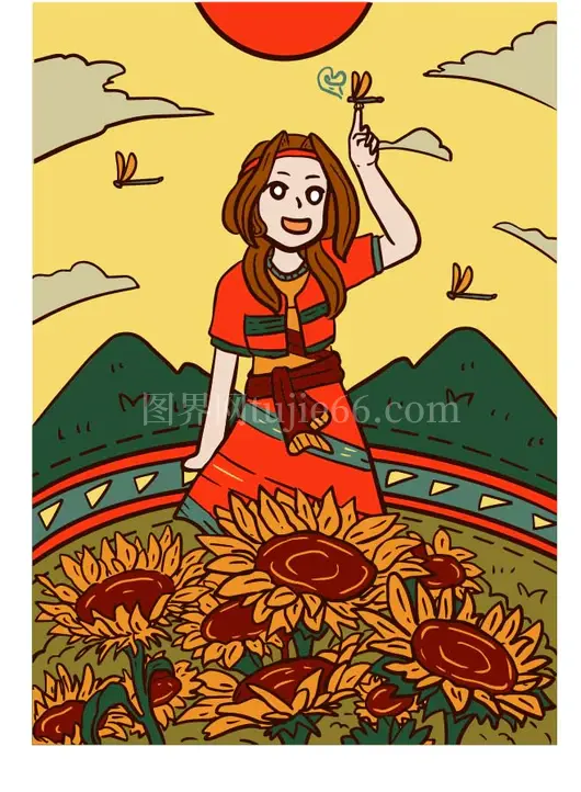 卡通女孩户外场景插画