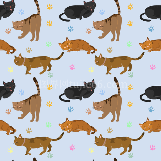 温馨宠物猫和爪印无缝图案插画