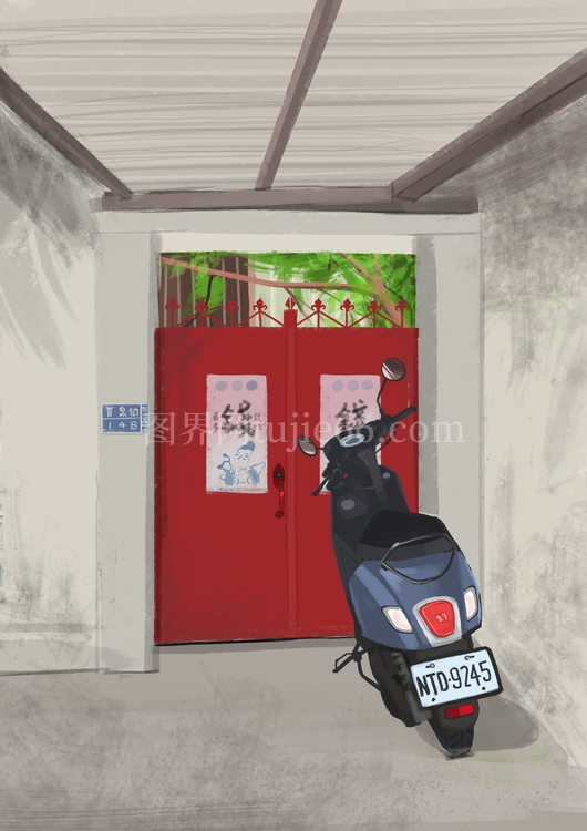 室内走廊红色开门插画免抠元素
