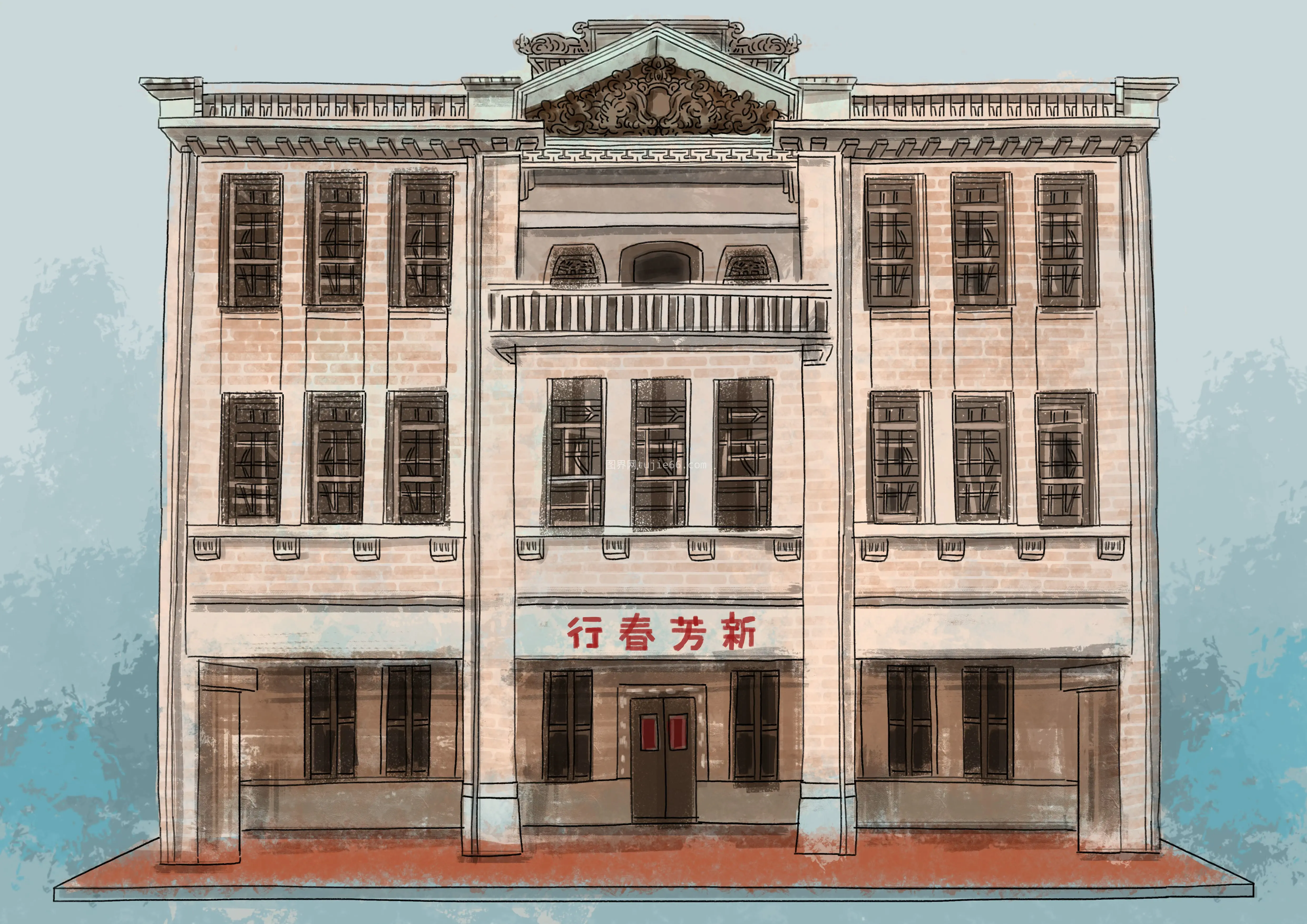 复古风格传统建筑插画免抠元素图片