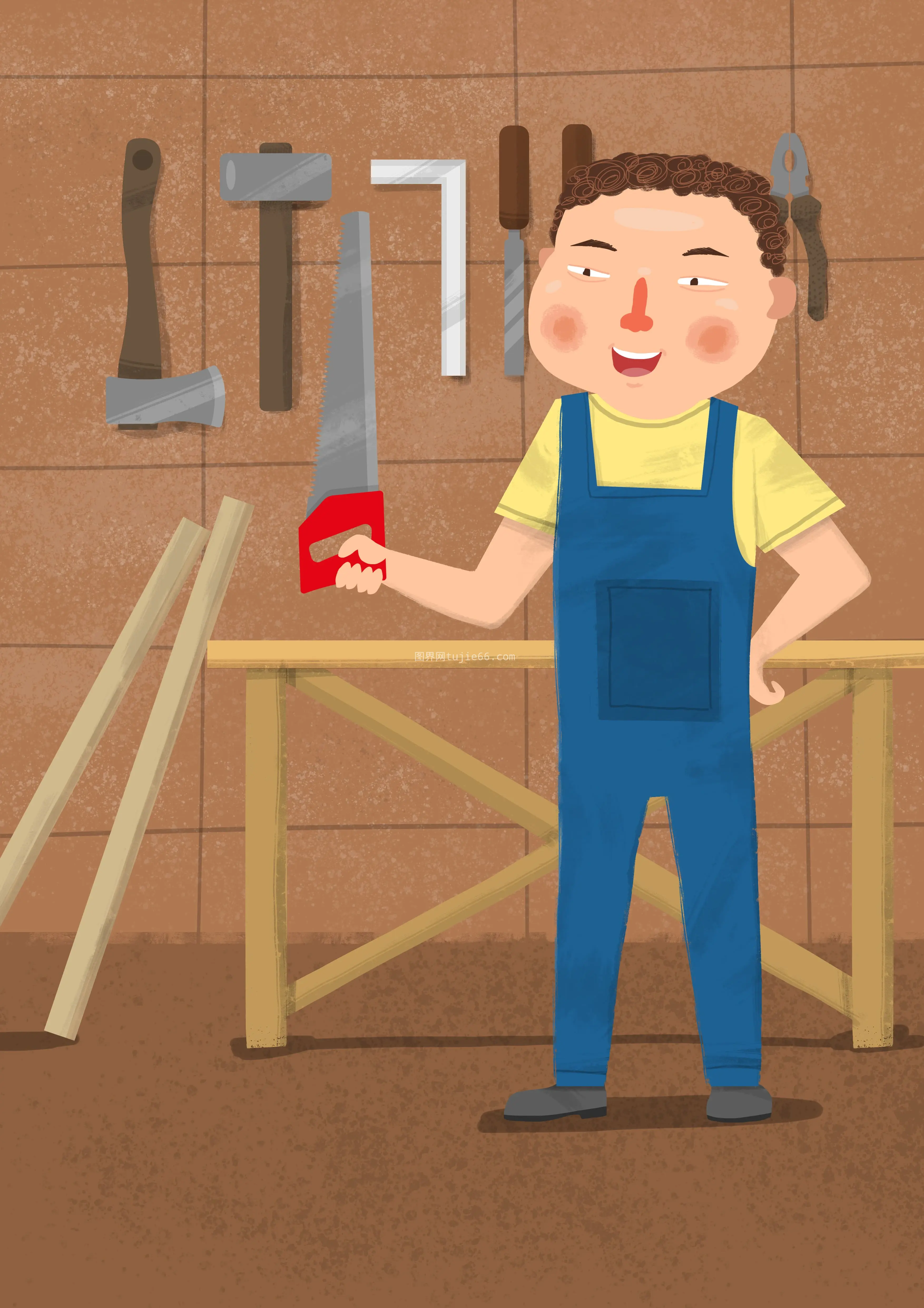 男性木匠工具房插画免抠元素