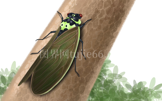 绿蝉栖息树皮插画免抠元素