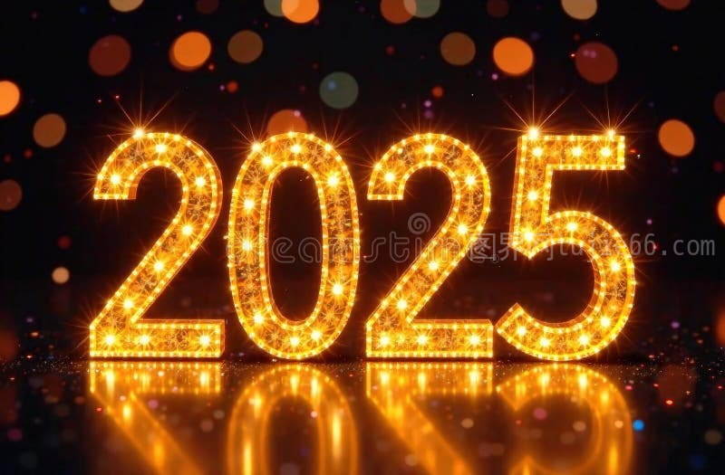 暗色节日背景上的黄色发光2025文字与反光贺卡图片