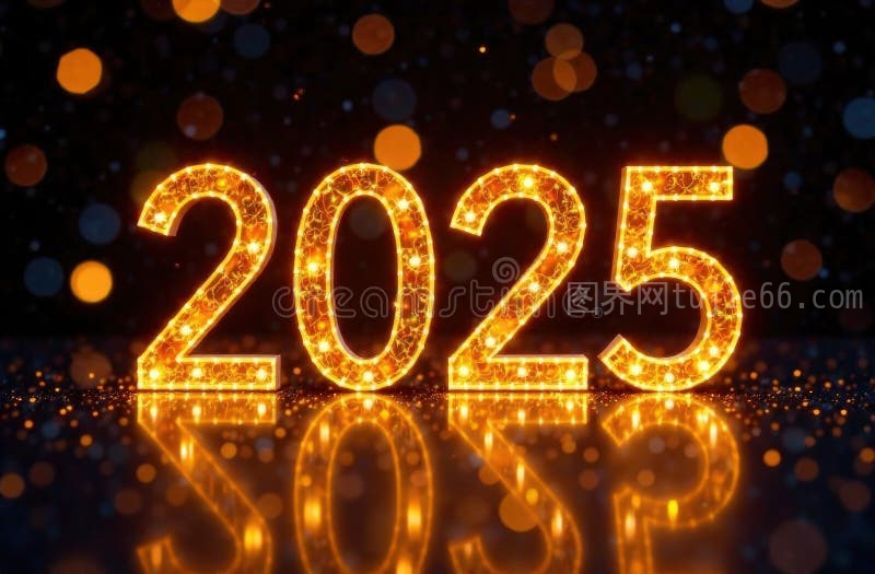 暗色节日背景上的黄色发光2025文字与反光贺卡图片