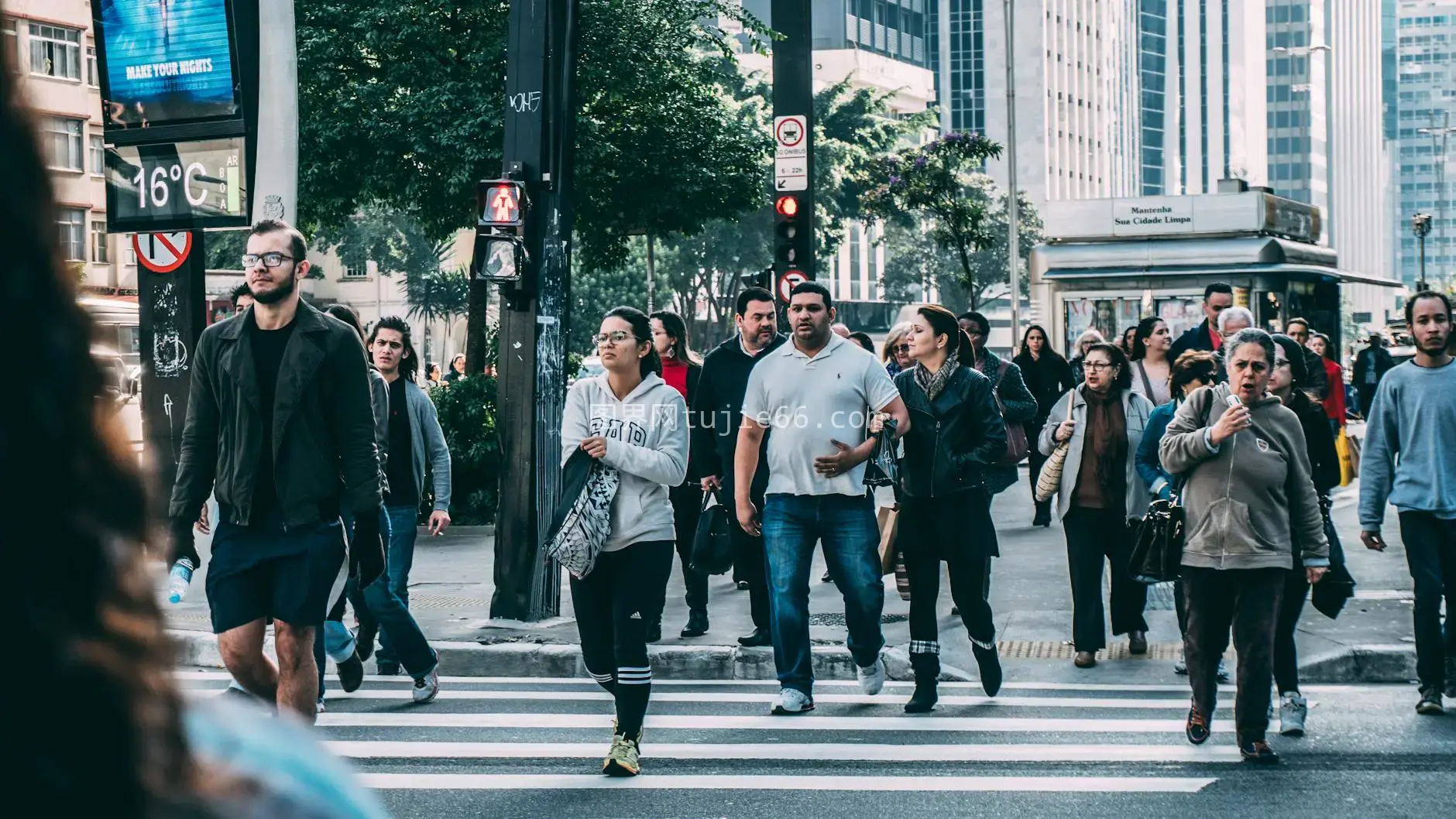 多样化人群穿越摩天大楼间街道图片