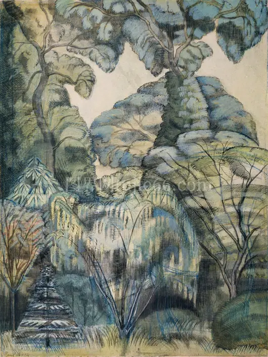 绿蓝叶树木画作