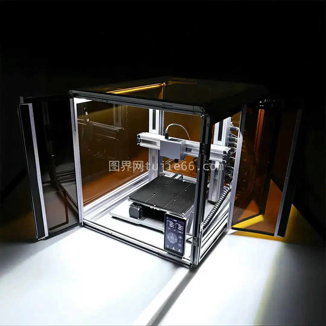 玻璃柜中3D打印机展示外观与内部结构图片