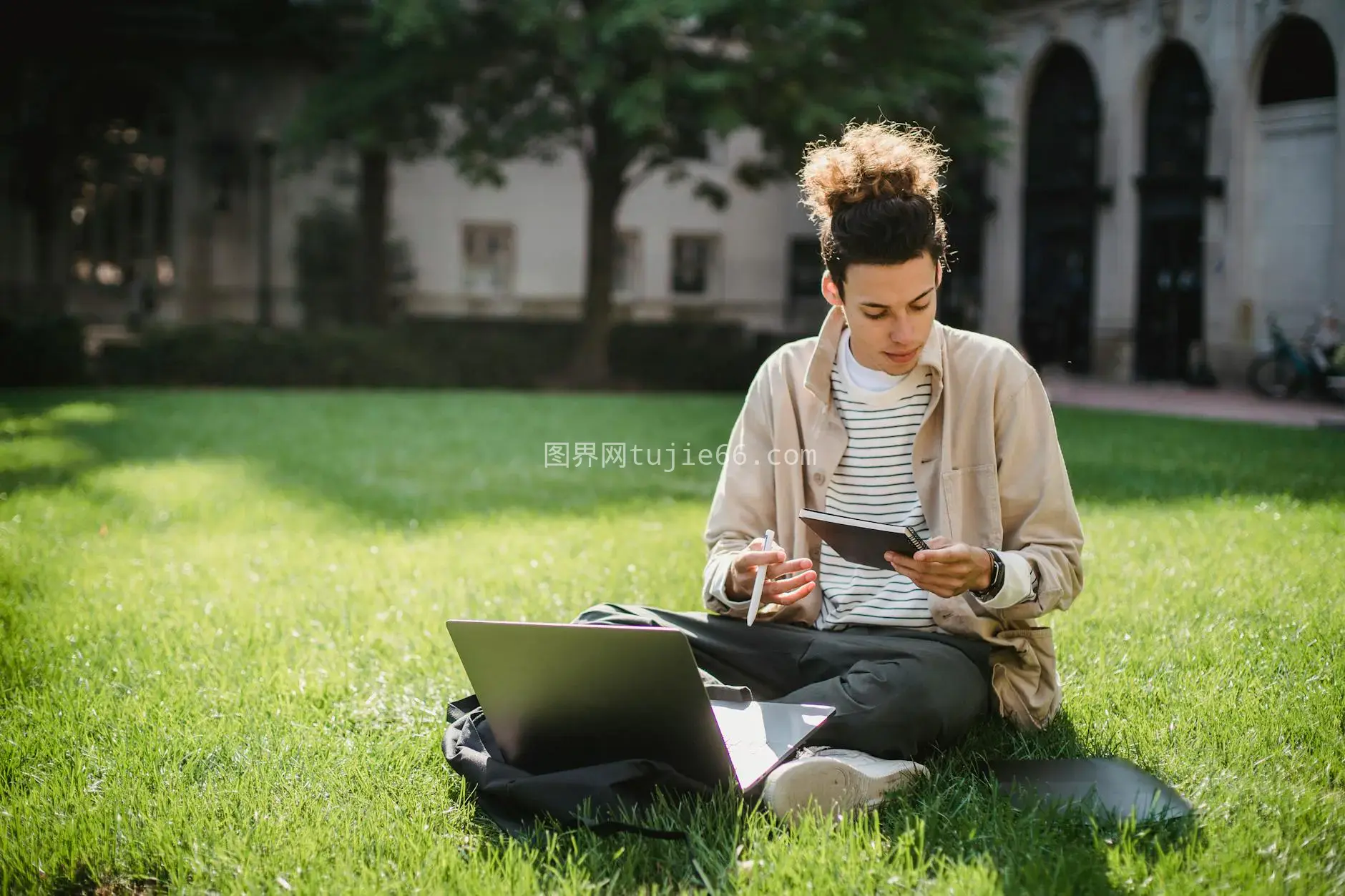 草地笔记本公园专注学生图片