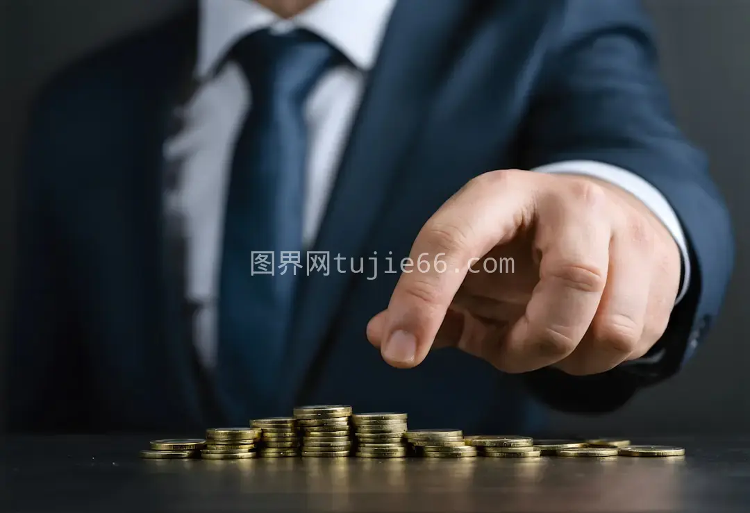 西装男子指向金币堆图片