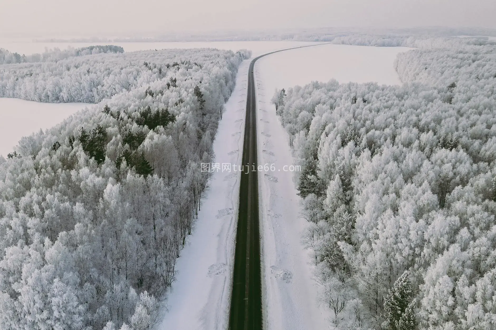 无人机俄罗斯雪林冬季道路宁静美图片