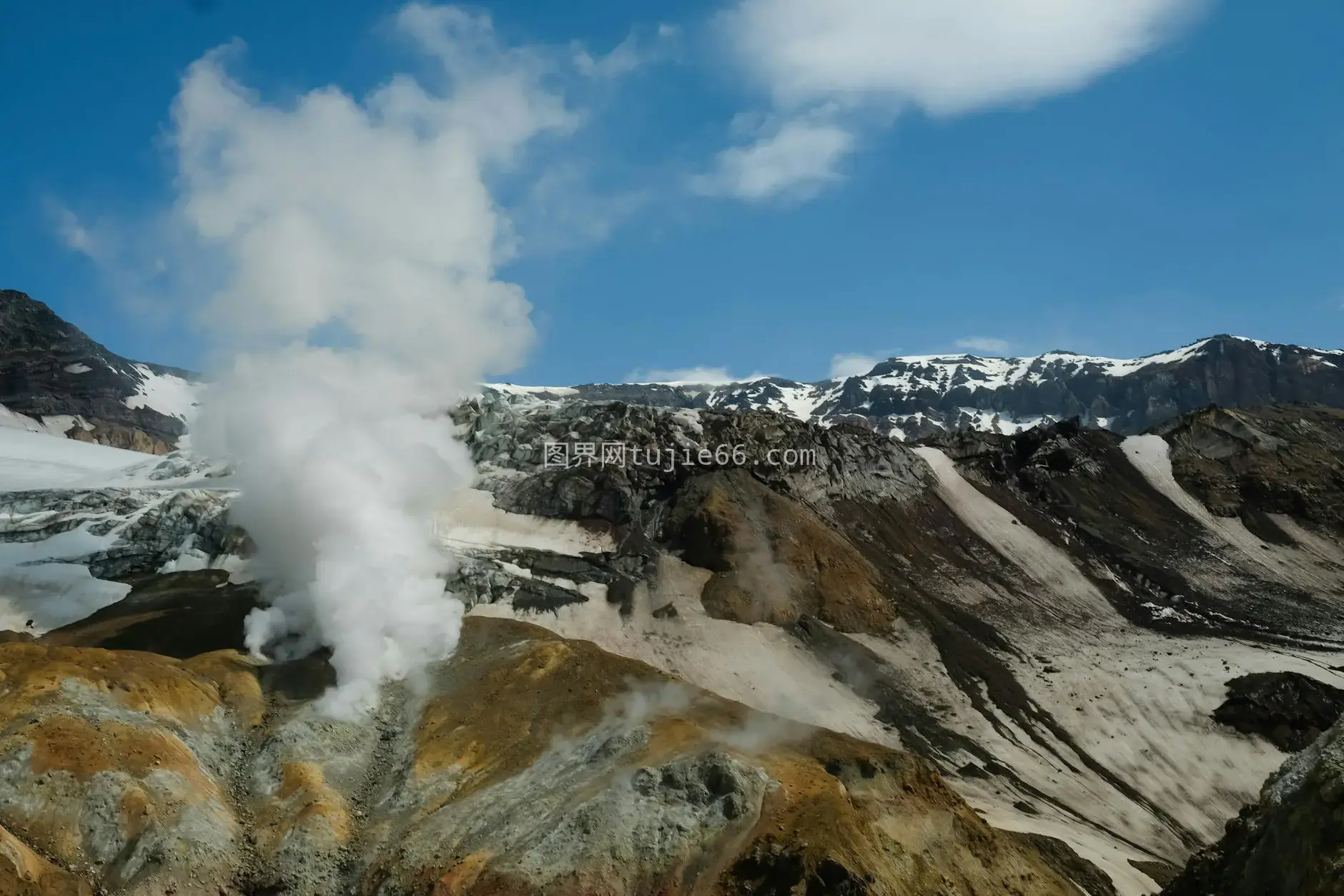 火山美景雪山环绕蒸汽升腾图片