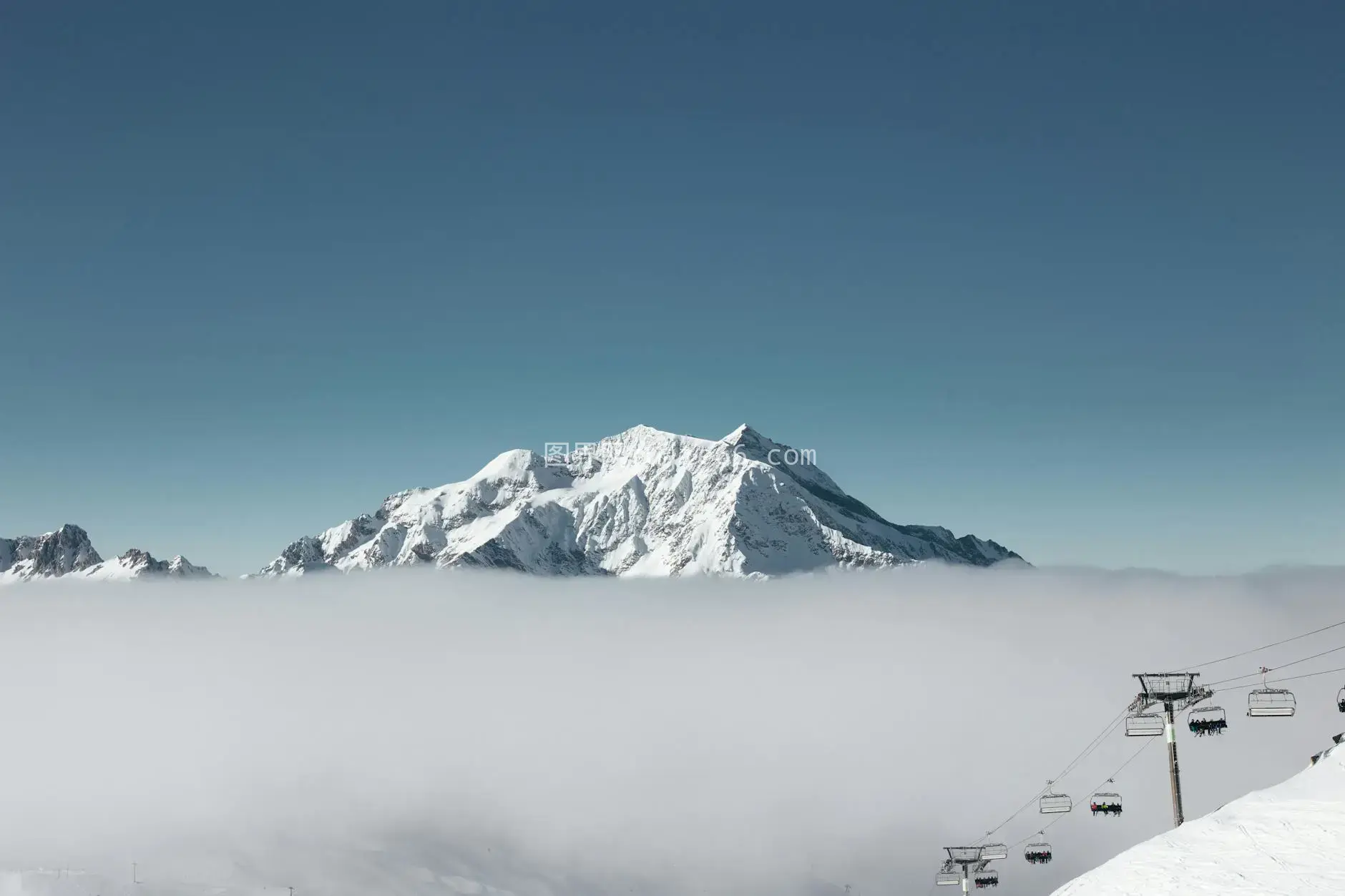 雾里Mont Blanc滑雪缆车景致图片