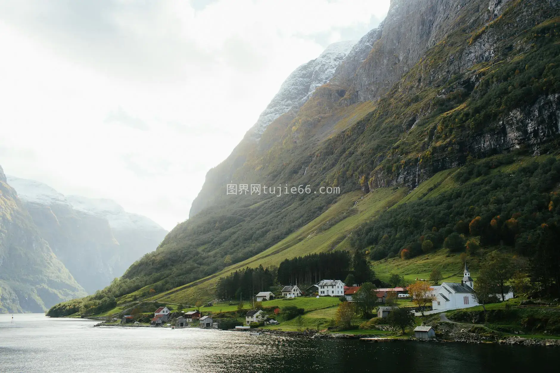 湖畔山村绿意盎然壮观美景图片