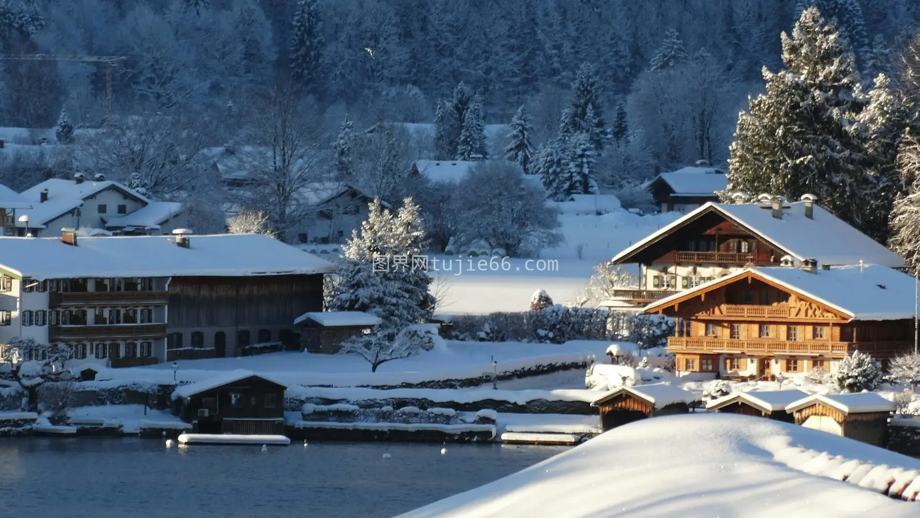 冬日雪景宁静湖畔小屋霜树图片