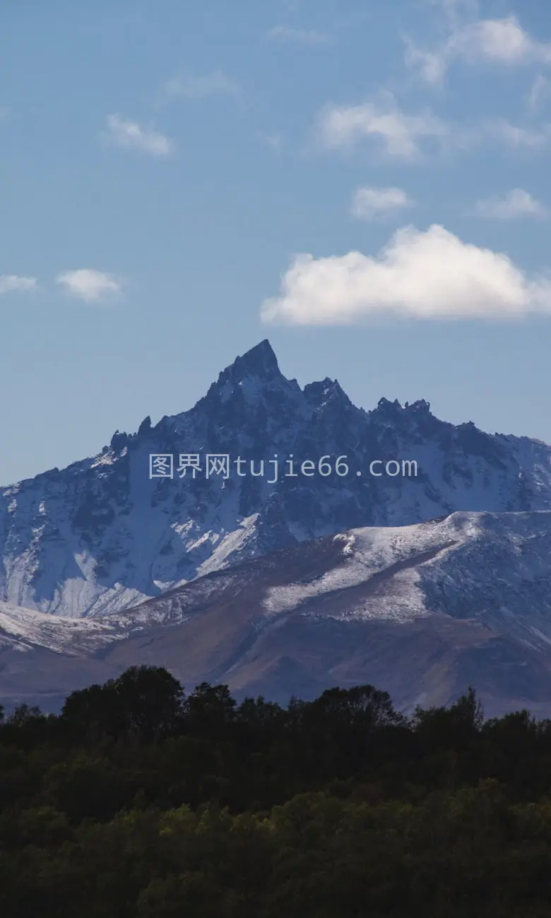 雪顶蓝天绿意美景图片