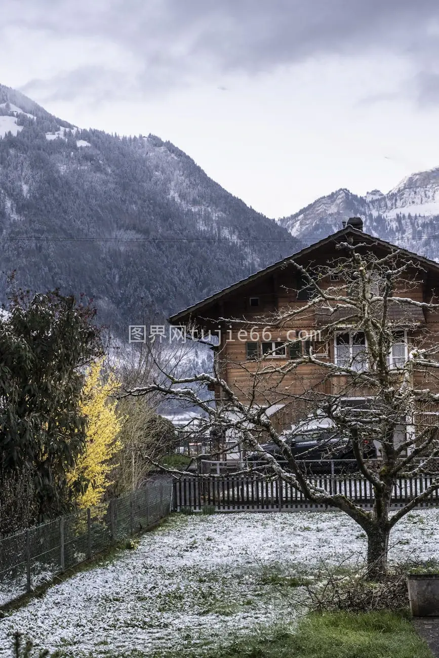 瑞士因特拉肯雪景小屋图片