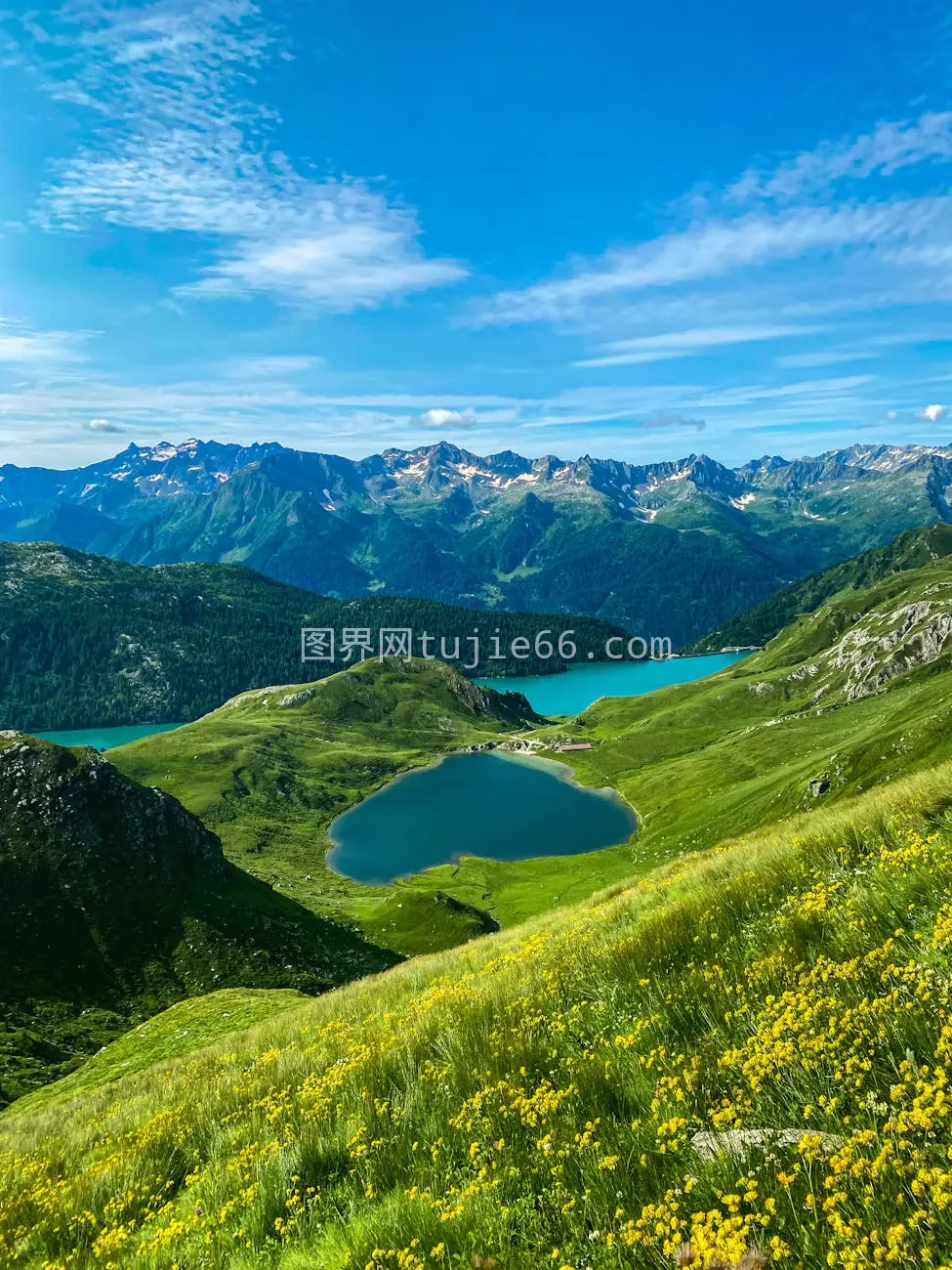 瑞士风光蓝天映照翠绿草地湖泊山脉图片