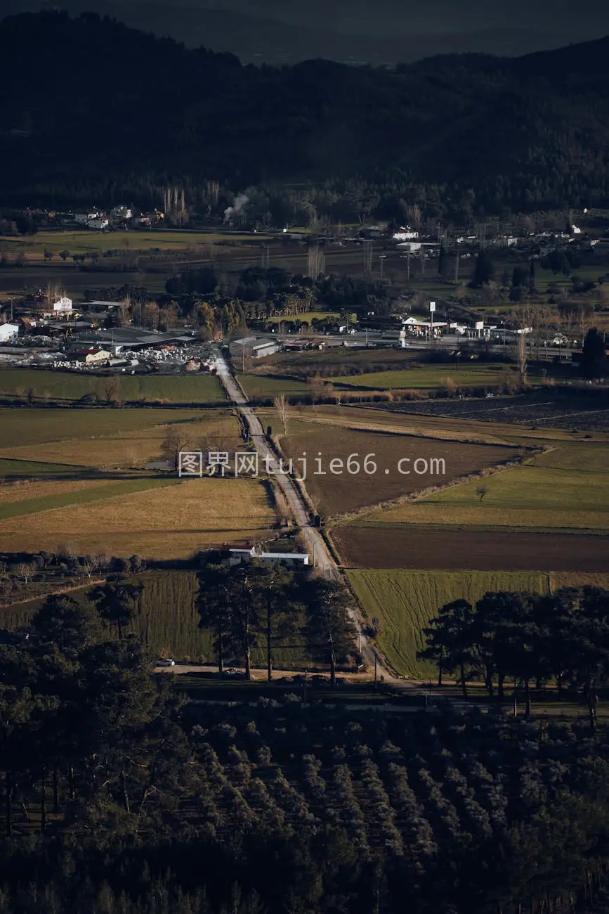 空中俯瞰农村风光农田道路树木村庄图片