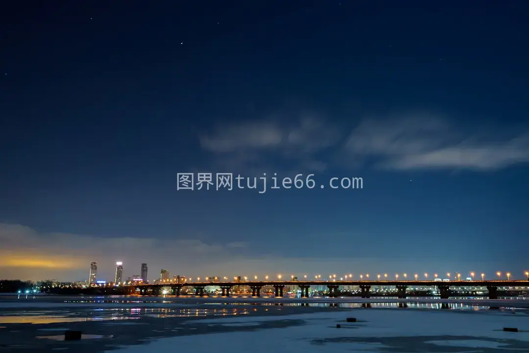 夜色映衬下城市水岸天际线图片