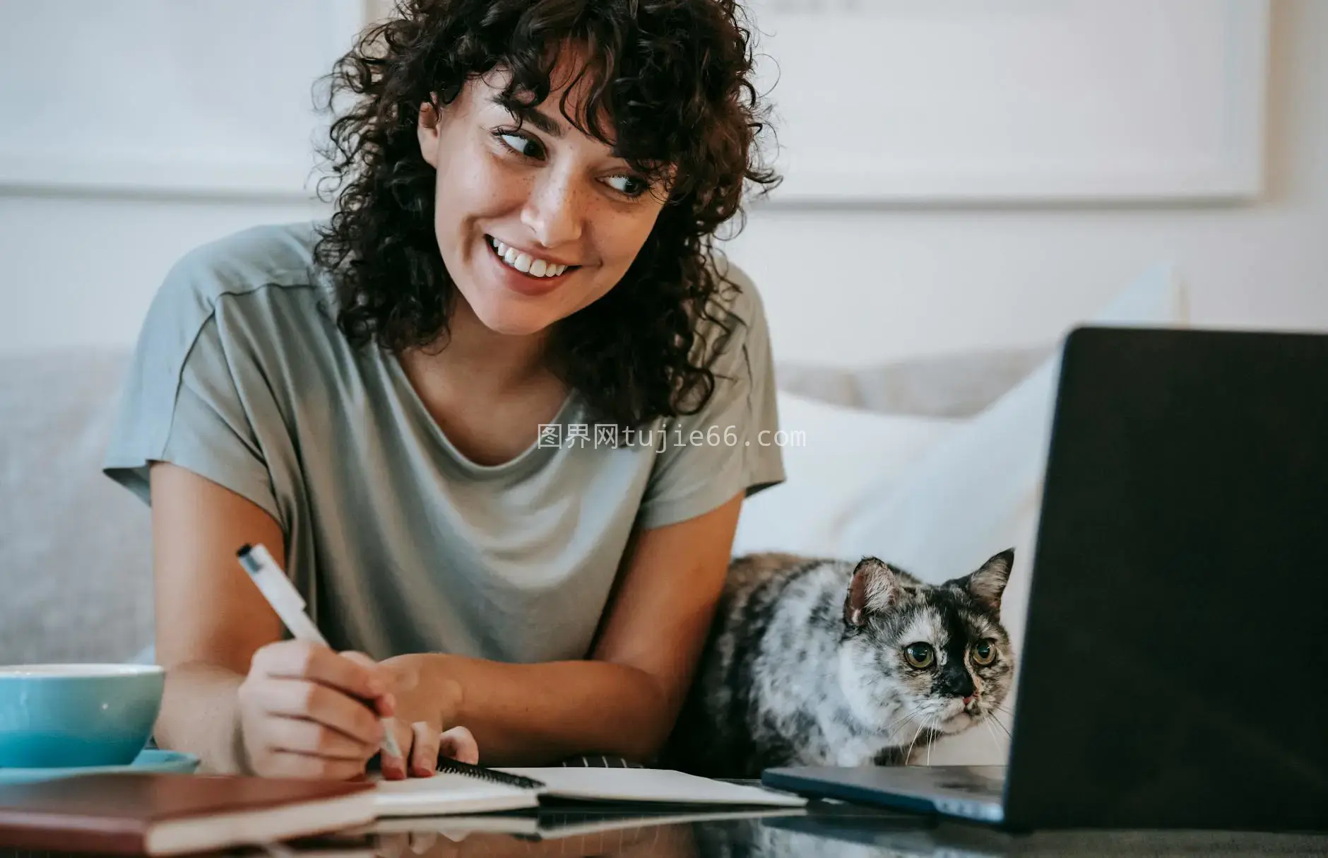 微笑女性家中记笔记观猫电脑屏图片