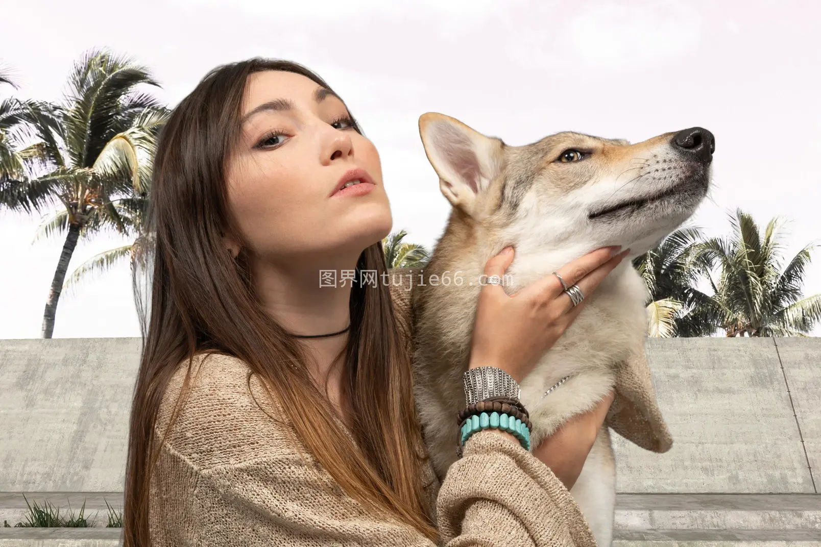 女性与爱犬合影瞬间图片