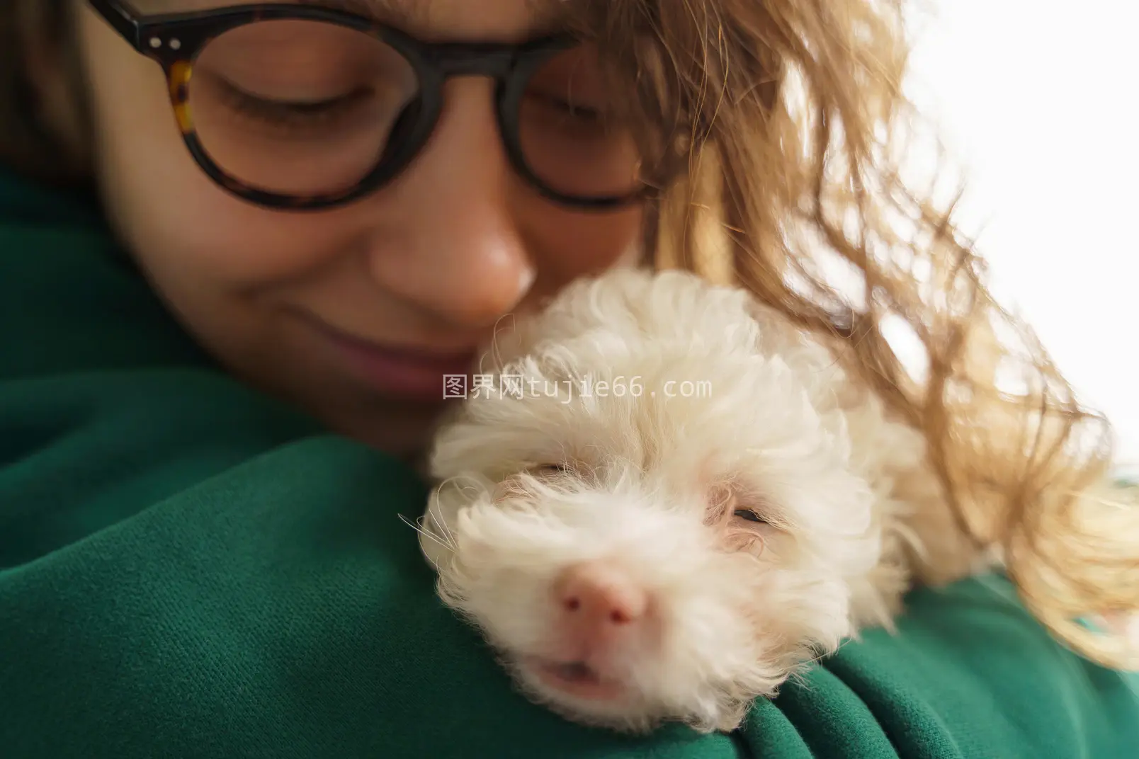 年轻女性眼镜下与贵宾犬温馨相拥图片