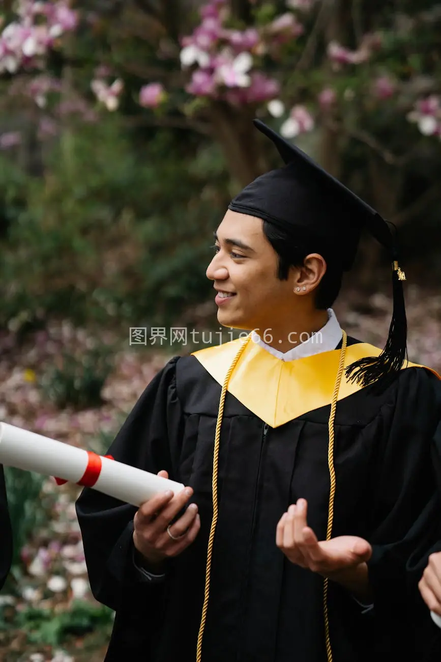 学士帽花树间毕业庆祝图片