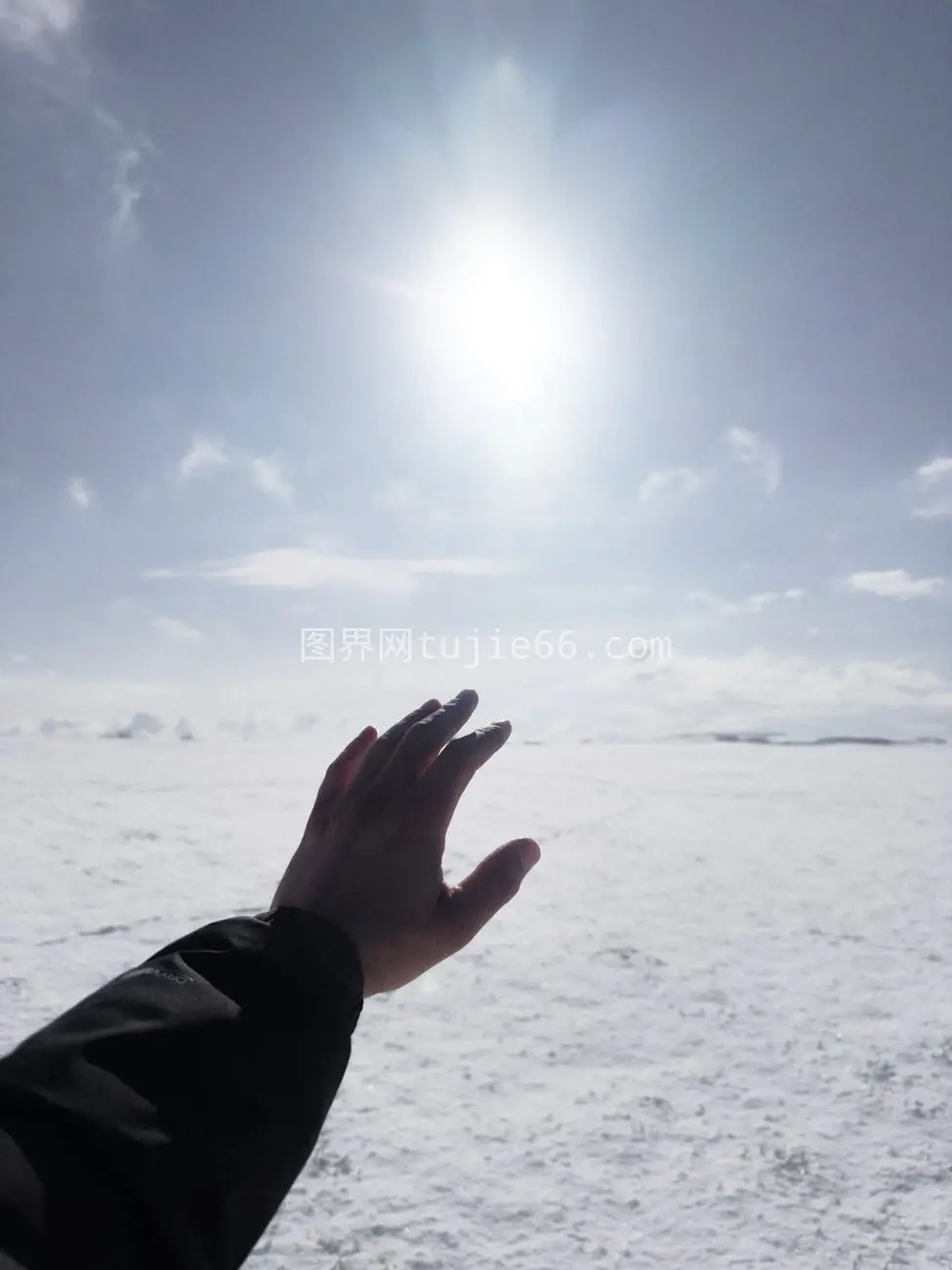 手触太阳雪地映希望图片