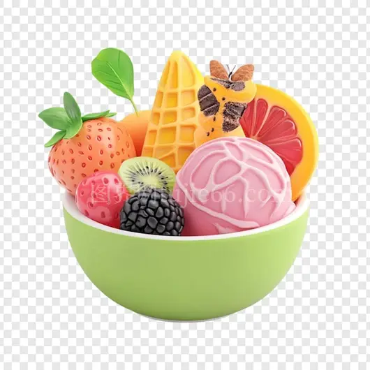 夏日绿色碗中盛满粉色冰淇淋草莓等美味甜点