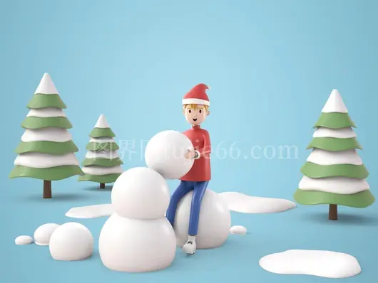 3D卡通男孩堆雪人雪景图