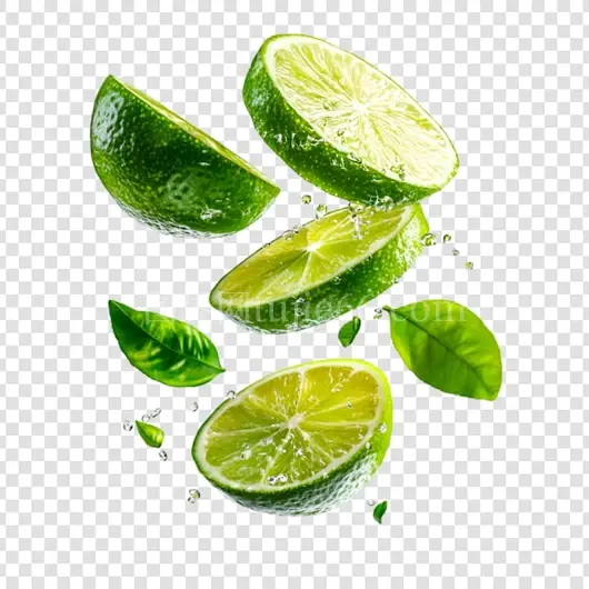 新鲜绿色柠檬片落下